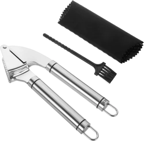 Stainless Steel Garlic Press Manual Mincer with Peeler Handheld Kitchen Tool Easy-clean Crusher for Garlic Ginger and More