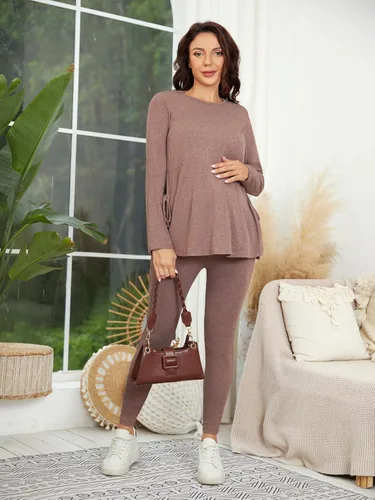 Vista 6 de OYOANGLE Conjunto de camiseta de maternidad con cuello redondo y nudo lateral para mujer