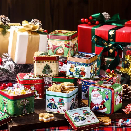Vista 5 de Sosation 12 piezas de latas para galletas de Navidad con tapas, juego de latas para caramelos cuadradas, cajas de caramelos de metal, contenedores