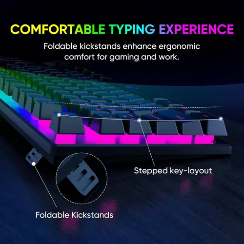 Vista 5 de Teclado RGB para juegos Teclados de membrana compacta sin llave de 87 teclas con sensación mecánica, 10 modos de retroiluminación dinámicos