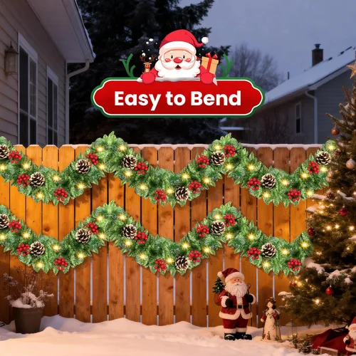 Vista 4 de Guirnalda de Navidad, JTSIOV Guirnalda de Árbol de Navidad Artificial de 9 Pies con Luces de 9 Pies, Piñas, Bayas Rojas, Puntas de Ramas, Decoración