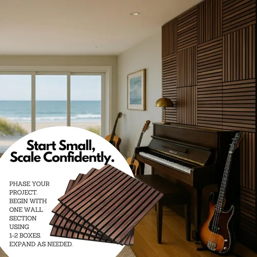 Vista 3 de Paquete de 4 paneles de madera acústica RT60X Pro, 24 x 24 pulgadas, paneles de reducción de ruido y absorción de sonido para estudio en casa