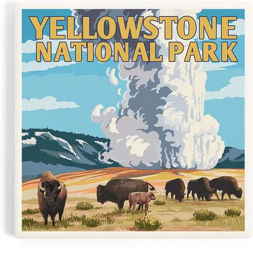 Lantern Press Yellowstone National Park, Wyoming, Old Faithful Geyser y Bison Manada (posavasos de cerámica absorbente, individual, parte trasera de