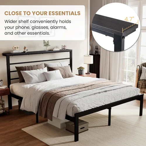 Vista 20 de SHA CERLIN Base de cama tamaño King con estante de cabecera y base de metal resistente, no necesita somier, color marrón