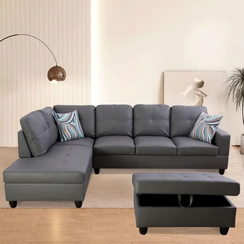 Vista 29 de Sofá de piel sintética de 3 piezas en forma de L con otomana, juego de sofá seccional para sala de estar, oficina, apartamento, con soporte