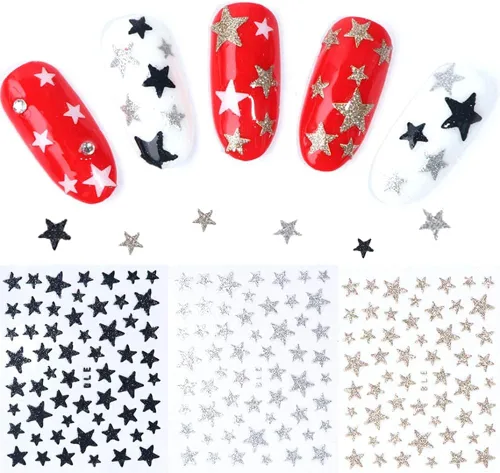 Vista 5 de Calcomanías adhesivas para arte de uñas, 10 hojas de decoración de uñas autoadhesivas 3D con estrellas brillantes con purpurina para decoración