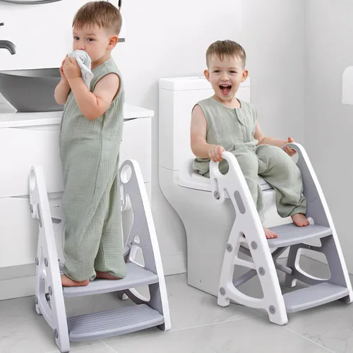 Vista 10 de Primlect Asiento de Entrenamiento para Baño, Asiento de Inodoro 2-en-1 para Niños Pequeños con Escalón, Asiento Ultraestable para Orinal