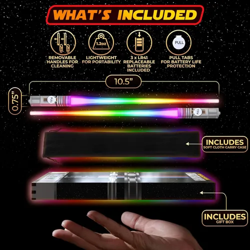 Vista 3 de SaberChops - Palillos de sable de luz con luz LED de Star Wars, reutilizables, 8 modos de color, 4 pares gratis, llavero de halcón milenario