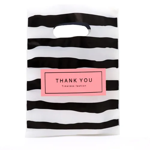 Vista 3 de Joyhey 100 unidades de 7.8" x 9.8" bolsas de plástico para mercancía, bolsas de compras y venta al por menor para boutique con asas troqueladas