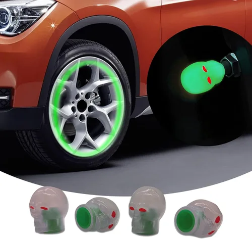 4 tapas de vástago de válvula de neumático de automóvil, tapones de vástago de válvula de neumático de automóvil con calavera nocturna, tapones de DWARFOO