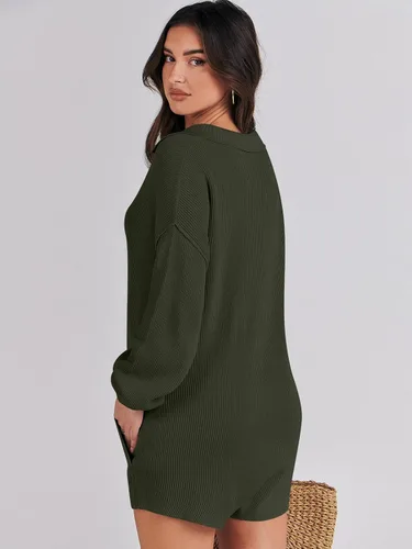 Vista 5 de ANRABESS Enterizo de suéter para mujer, trajes de otoño 2023, a la moda, largo, Henley, cuello en V, overol de punto para descansar