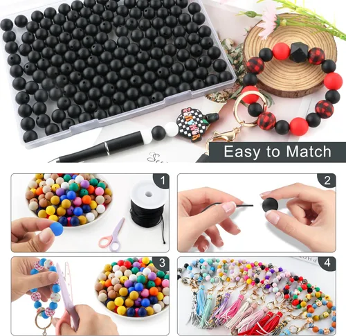 Vista 6 de 160Pcs 12mm de abalorios de silicona para hacer llaveros, pulseras, collares, abalorios redondos de silicona a granel para bolígrafos (negro)
