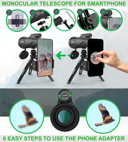 Vista 7 de Telescopio monocular de 12 x 55 pulgadas con adaptador para teléfono inteligente y trípode mejorado, telescopio de mano HD, alcance monocular