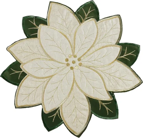 OWENIE Juego de 4 manteles individuales de Navidad, Tela bordada con destello dorado brillante con flores de nochebuena, manteles redondos de 38 cm,
