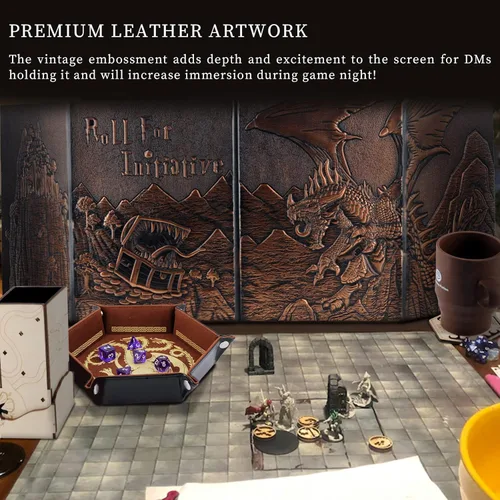 Vista 3 de CZYY DND Pantalla de Dungeon Master de Cuero Sintético con Relieve de Dragón y Mimic, Cuatro Paneles con Bolsillos Pantalla DM para Calabozos