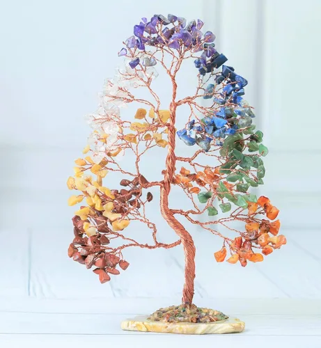 Crocon® Árbol de la vida de 7 chakras, sabiduría espiritual, base de rodajas de ágata, árbol de cristal hecho a mano para energía positiva,