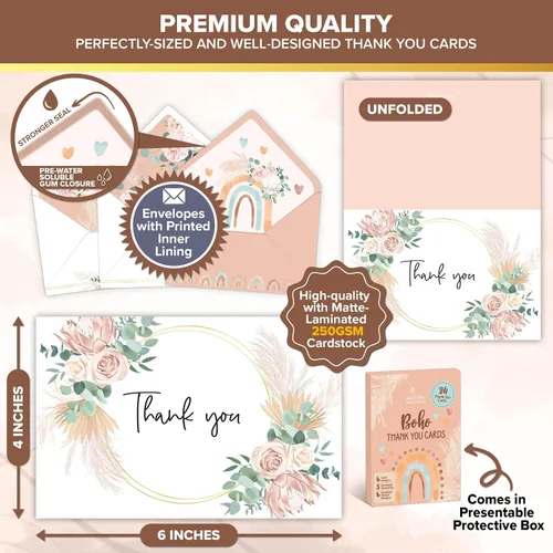 Vista 3 de Decorably Paquete de 24 tarjetas de agradecimiento de 6x4 pulgadas estilo bohemio con sobres y calcomanías, 6 hermosos diseños de tarjetas
