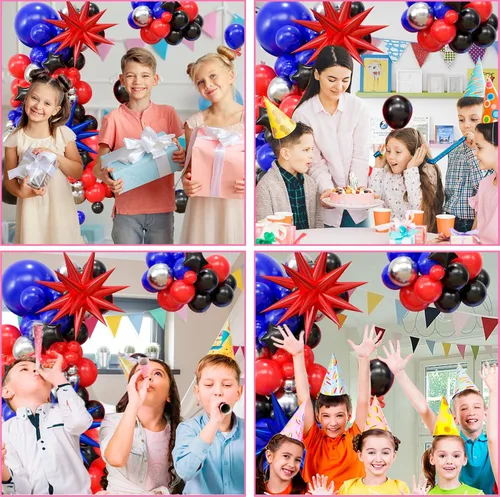 Vista 4 de Kit de arco de guirnalda de globos azules, rojos y negros, kit de arco de globos con globos plateados metálicos con globos de estrella para niños
