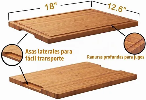 Vista 4 de Tabla de cortar de madera de bambú para cocina, bloque grande de 18 pulgadas para cortar embutidos de queso con asas laterales y ranuras para jugos