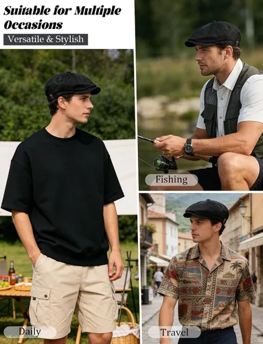 Vista 4 de SEAUR Newsboy - Gorra de 8 paneles para hombre, estilo vintage, estilo Gatsby, gorra plana y ajustable