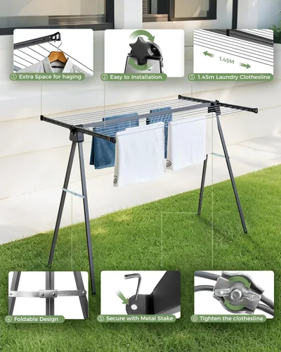 Vista 4 de Tendedero plegable con marco A para secar ropa al aire libre, con espacio de secado de 46 pies, estante de secado de ropa resistente, secadora
