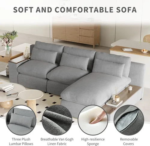 Vista 32 de Sofá modular de felpilla con tapicería en forma de L, sofá modular de 4 asientos con otomana extraíble y 5 almohadas para sala de estar, apartamento