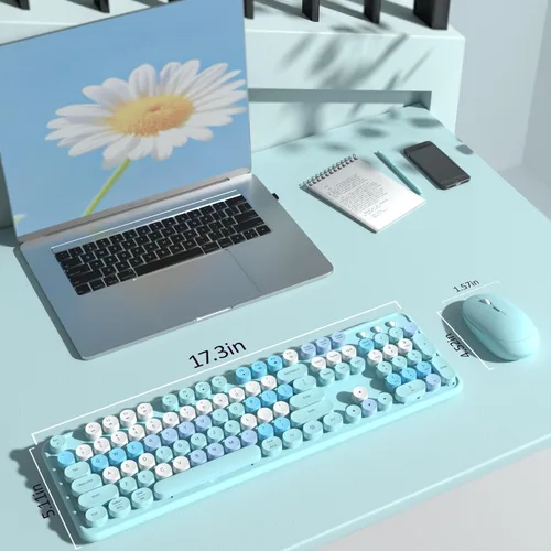 Vista 6 de Combo de teclado y mouse inalámbricos coloridos, teclado retro inalámbrico COVEVA de 2.4GHz con teclas redondas bonitas, juego de teclado y mouse