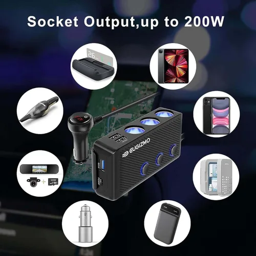 Vista 8 de EUGIZMO Divisor de enchufe para encendedor de cigarrillos, 3 zócalos de 200 W, adaptador de encendedor de cigarrillos USB, cable de extensión