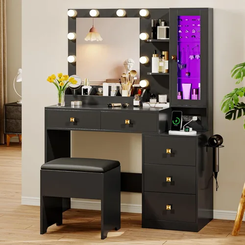 Vista 2 de Escritorio de tocador con espejo y luces, juego de mesa de tocador de maquillaje con 5 cajones de almacenamiento, toma de corriente y silla, pequeño
