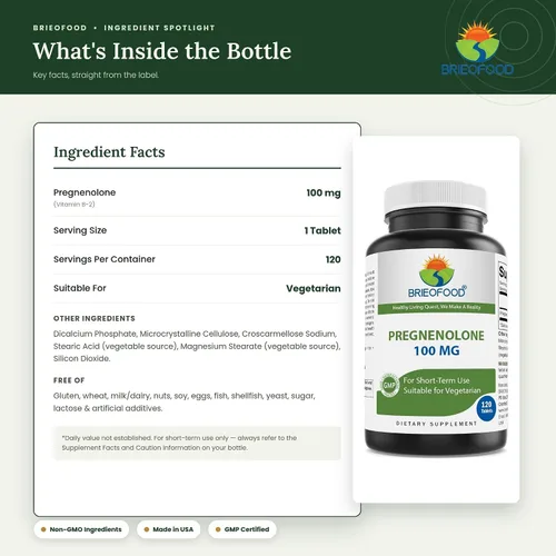 Vista 3 de Brieofood Pregnenolone 100 mg 120 tabletas - Suplemento de equilibrio hormonal