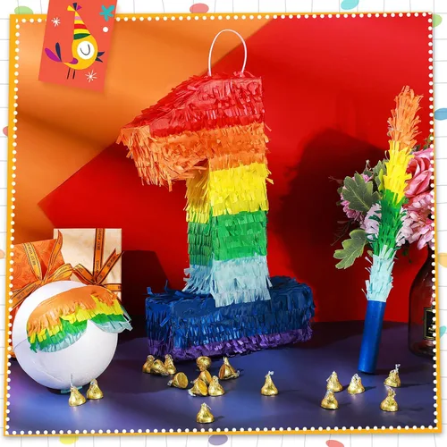 Vista 3 de Sratte Piñata de números arcoíris, piñata multicolor, pequeña fiesta de cumpleaños con palo y confeti para cumpleaños, aniversario, fiesta de Cinco