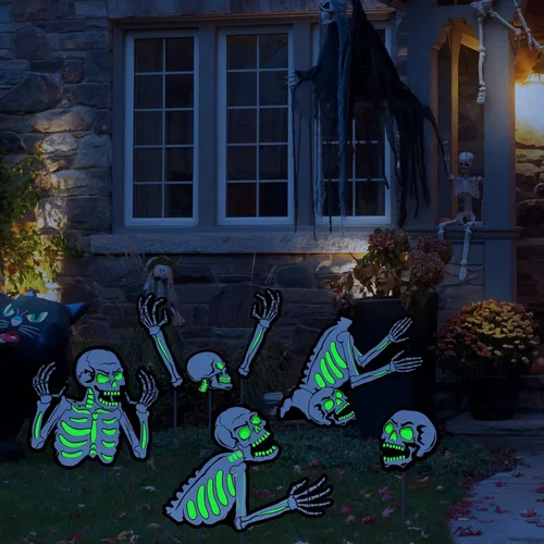 Vista 3 de 5 carteles de Halloween para patio, decoración al aire libre, esqueleto fluorescente de Halloween, letrero de jardín con estacas reflectantes
