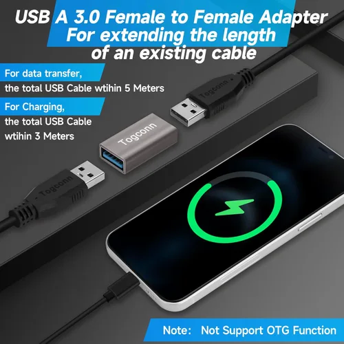 Vista 4 de Paquete de 2 acopladores USB, carcasa de aluminio USB 3.0 tipo A hembra a hembra, compatible con transferencia de datos de 5 Gbps y carga rápida