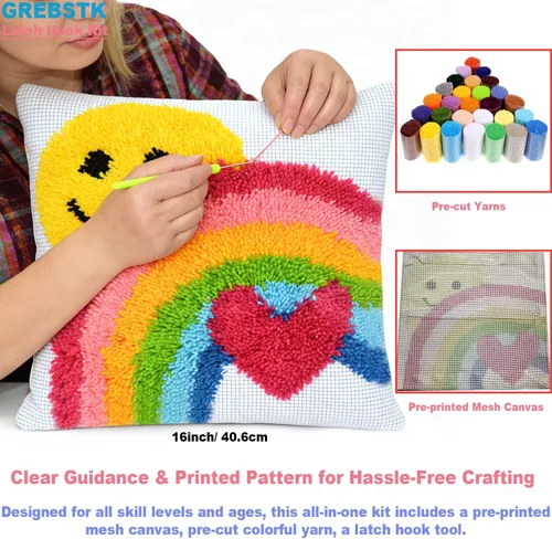 Vista 5 de GREBSTK Kit de gancho de pestillo DIY funda de almohada de sofá, cojín de sofá, patrón de sol y arcoíris, punto de cruz pintado, 16x16 pulgadas