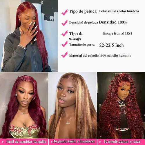 Vista 4 de Pelucas de cabello humano con encaje frontal color borgoña 99J de 13 x 4, pelucas de encaje frontal lacio prearrancado, pelucas de cabello humano
