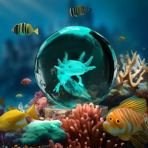 Vista 2 de Luz nocturna de bola de cristal de ajolote 3D con control remoto, lámparas de bola de vidrio de ajolote de 3.15 pulgadas con base de madera LED