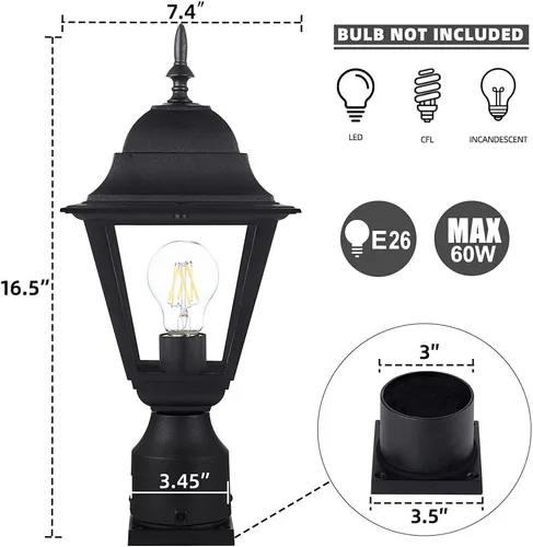 Vista 3 de Windben Luz de poste para exteriores, lámpara de poste de lámpara, linterna de poste con base de montaje de muelle, negro mate