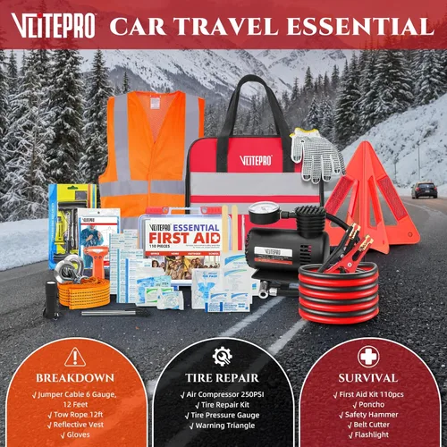 Vista 5 de Car Emergency Kit,Roadside Emergency Car Kit for Vehicles,with Portable Air Compressor,Jumper Cable for Women,Men,Teen