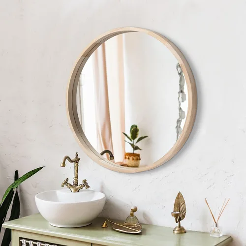 Vista 8 de LYYYXGYP Espejo redondo de madera de 24 pulgadas, espejo de pared de granja con marco de madera, espejo circular marrón para baño