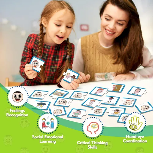 Vista 5 de Kasfalci Tarjetas de rompecabezas de sentimientos y emociones, juguetes de tabla de sentimientos para niños, actividades de aprendizaje