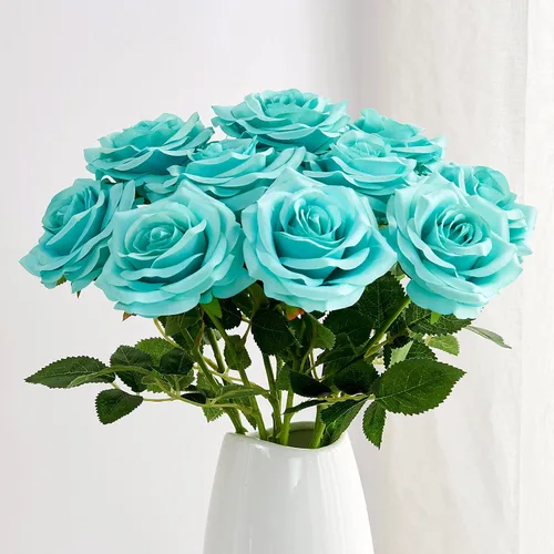 Vista 15 de 10 rosas artificiales abiertas, tallos de rosas artificiales para arreglos de boda, ramo de novia, centro de mesa, flores de seda sintética falsas