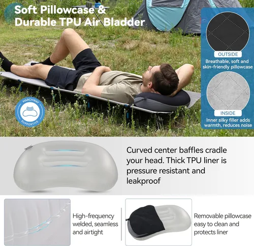 Vista 4 de MARCHWAY Almohada de acampada ultraligera inflable con funda lavable suave, almohada de aire portátil y compresible compacta para dormir al aire