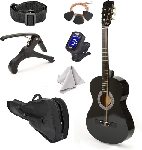 Guitarra de madera para zurdos con estuche y accesorios para niños, niñas, adolescentes, principiantes, 95,6 cm (negro)
