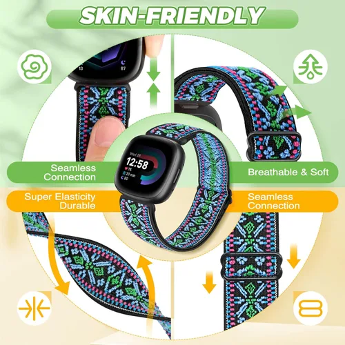 Vista 2 de Vodtian Paquete de 4 bandas elásticas compatibles con Fitbit Versa 4/3 / Sense 2, correas de bucle deportivo de repuesto ajustables de nylon