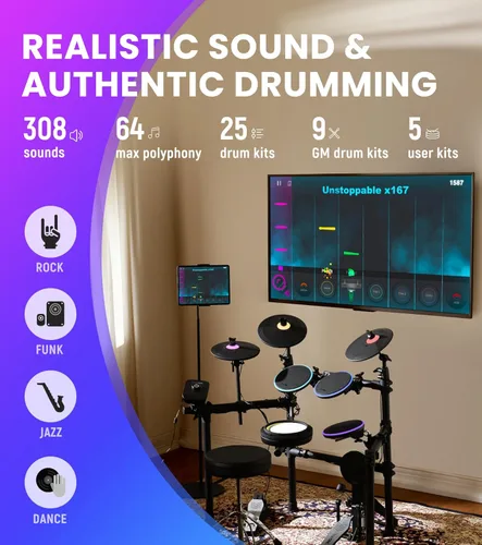 Vista 2 de The ONE Polaris - Batería eléctrica con USB MIDI y audio Bluetooth y conectividad USB MIDI, batería electrónica con almohadillas de malla