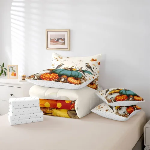 Vista 5 de Feelyou Fall Pumpkin Comforter Set with Sheets 7 Piece Twin Size Autumn Bed in a Bag Kids Boys Girls Pumpkin Maple Leaf Bedding Set Hummingbird Beig