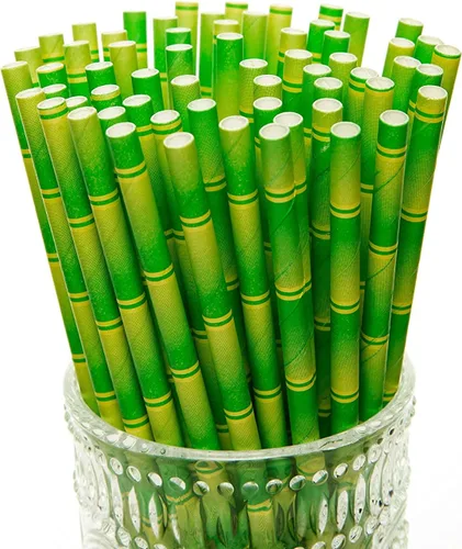 Vista 2 de YEHAM 100 pajitas de papel biodegradable con estampado de bambú de 2 colores para jugos, batidos, cumpleaños, bodas, fiestas