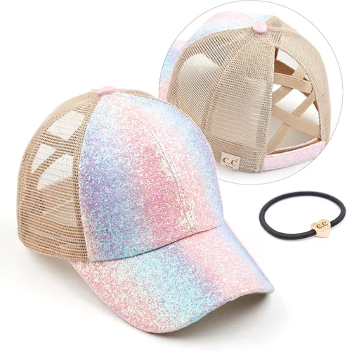 Vista 47 de C.C Gorra de béisbol de malla con diseño de estrella brillante, gorra de camionero ajustable para moño o cola de caballo Una banda elástica-negro