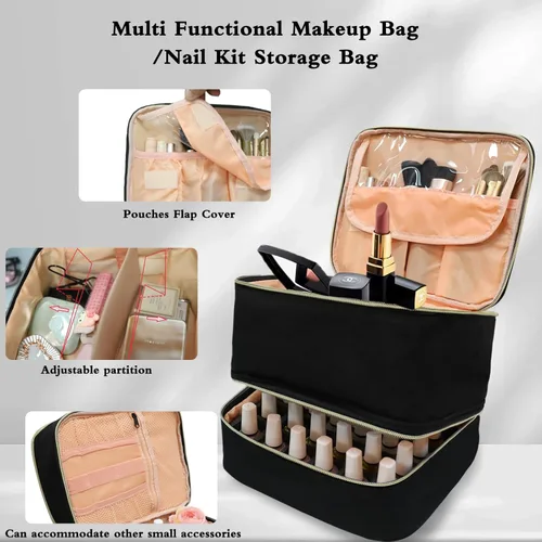 Vista 3 de Organizador de esmalte de uñas, bolsa organizadora de suministros de uñas de doble capa con capacidad para 30 botellas y lámpara de uñas, estuche