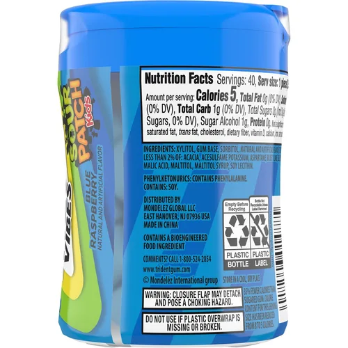 Vista 14 de Trident Vibes SOUR PATCH KIDS - Goma de mascar sin azúcar de frambuesa azul, botella de 40 piezas